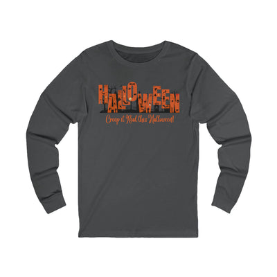 charcoal unisex long sleeve t-shirt with halloween graphic of a cemetery and larger text "Halloween" and small text "Creep It Real This Halloween" by 515Gear.com 