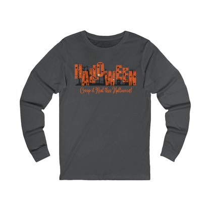 charcoal unisex long sleeve t-shirt with halloween graphic of a cemetery and larger text "Halloween" and small text "Creep It Real This Halloween" by 515Gear.com 