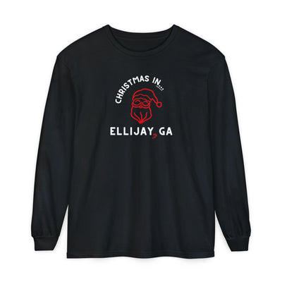 Black comfort colors long-sleeve shirt with happy Santa graphic and text "Christmas in... Ellijay, GA"