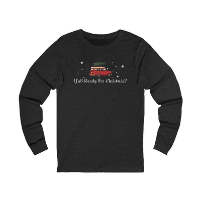Black long-sleeve shirt with Christmas-themed design and text "Y'All Ready For Christmas?"