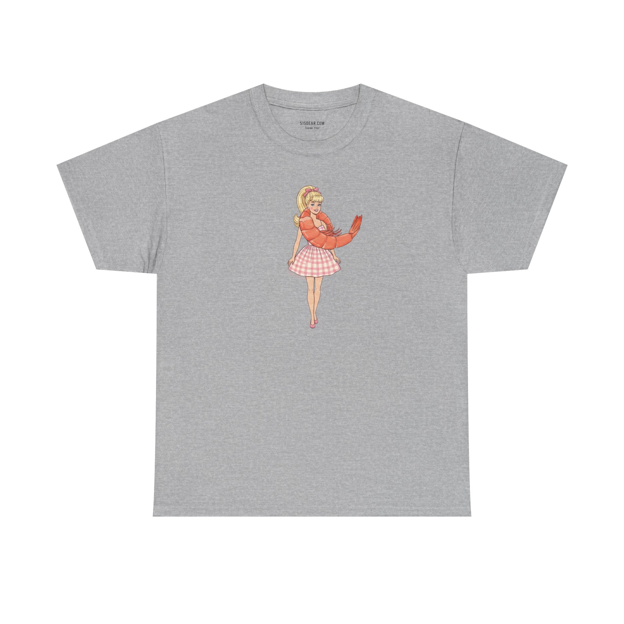 Gray unisex Gildan 100% cotton tee with Barbie wearing a shrimp graphic as a "Shrimp on the Barbie" pun