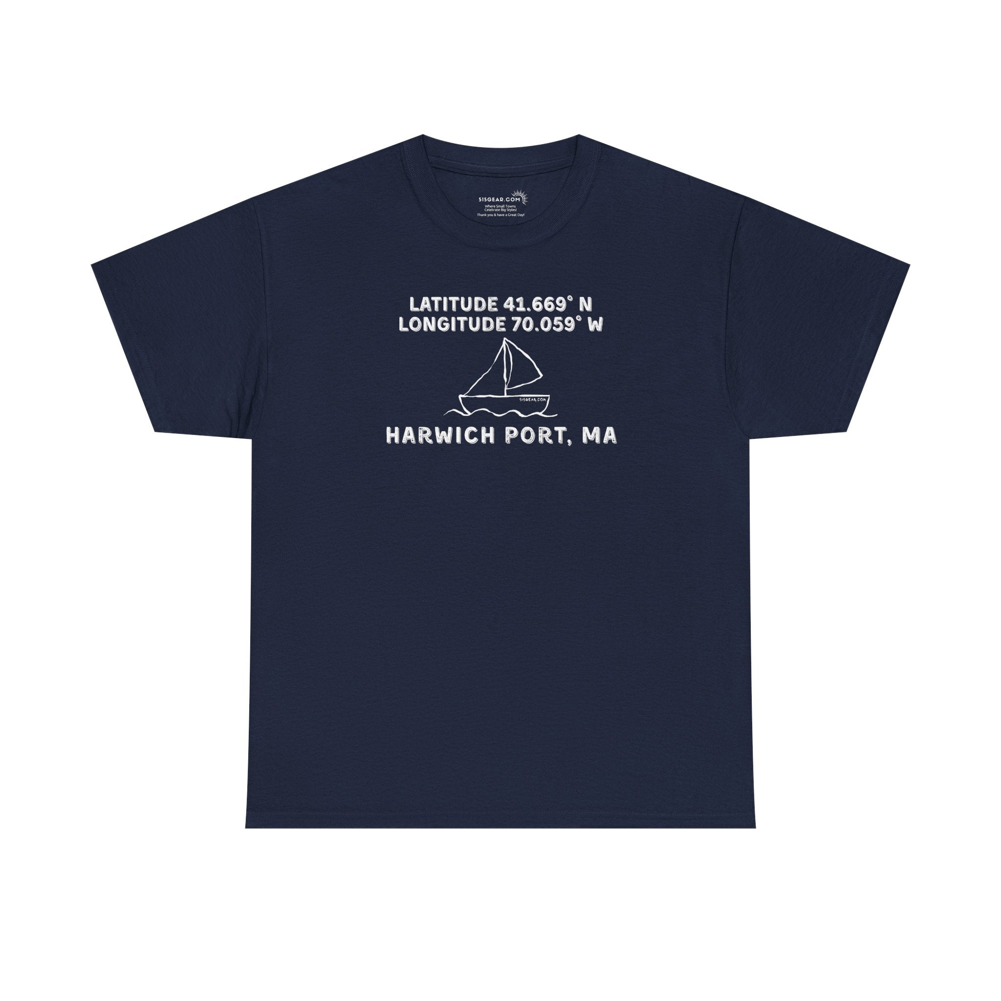Navy blue t-shirt with text "Latitude 41.669 N Longitude 70.058 W - Harwich Port, MA" and sailboat graphic