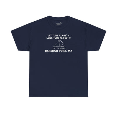 Navy blue t-shirt with text "Latitude 41.669 N Longitude 70.058 W - Harwich Port, MA" and sailboat graphic