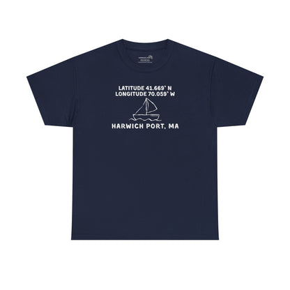 Navy blue t-shirt with text "Latitude 41.669 N Longitude 70.058 W - Harwich Port, MA" and sailboat graphic