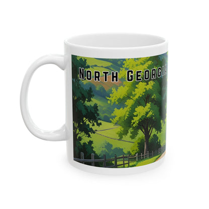 Mug with a vintage scenic design of a rural road cutting through the North Georgia Mountains in Spring by 515Gear.com