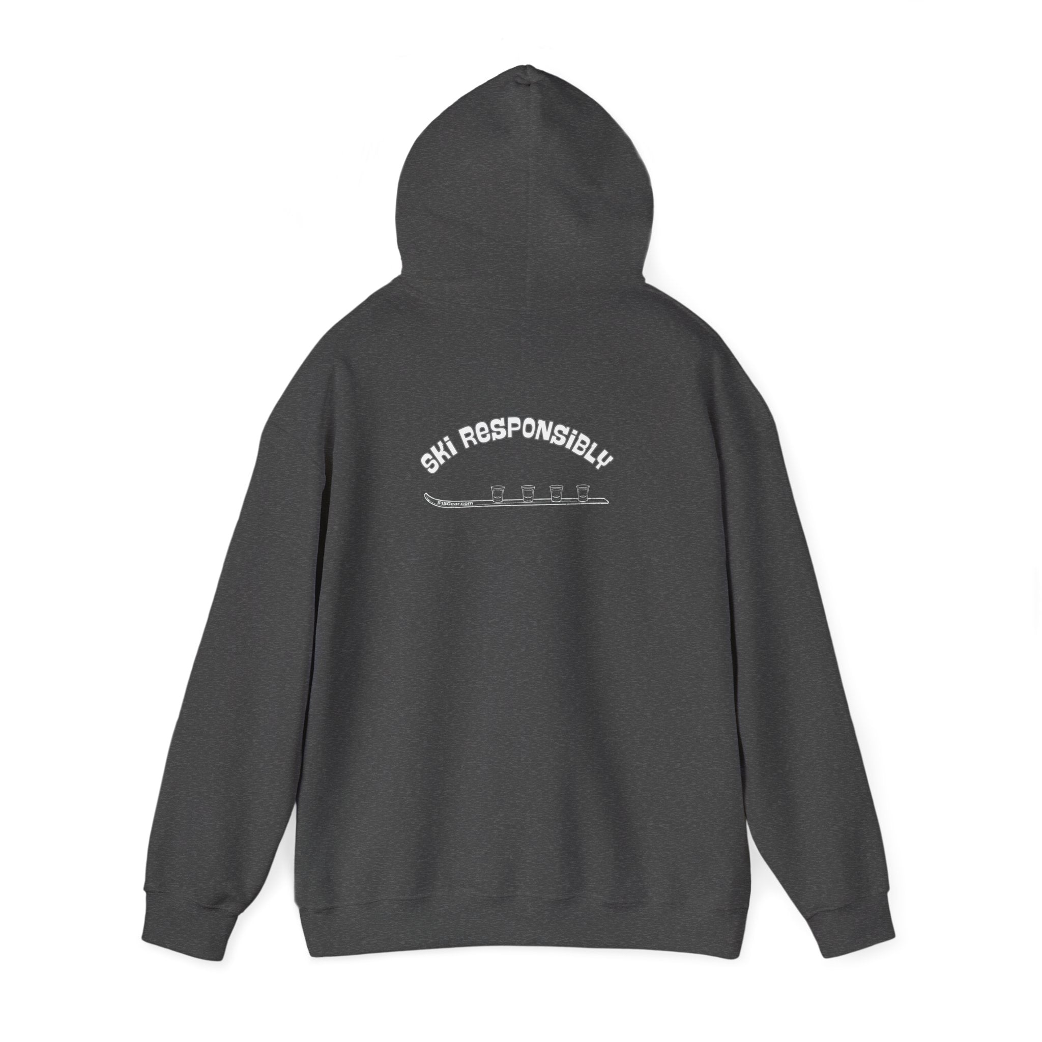 Dark gray hoodie with text on the back "Ski Responsibly" and graphic of a Shotski