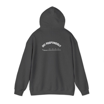 Dark gray hoodie with text on the back "Ski Responsibly" and graphic of a Shotski