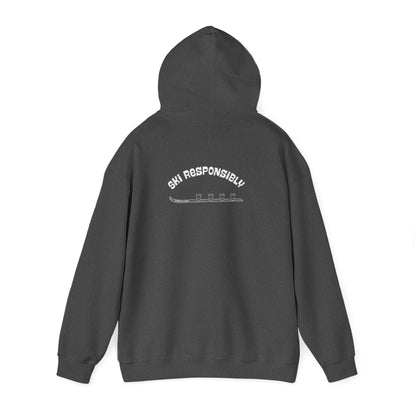 Dark gray hoodie with text on the back "Ski Responsibly" and graphic of a Shotski