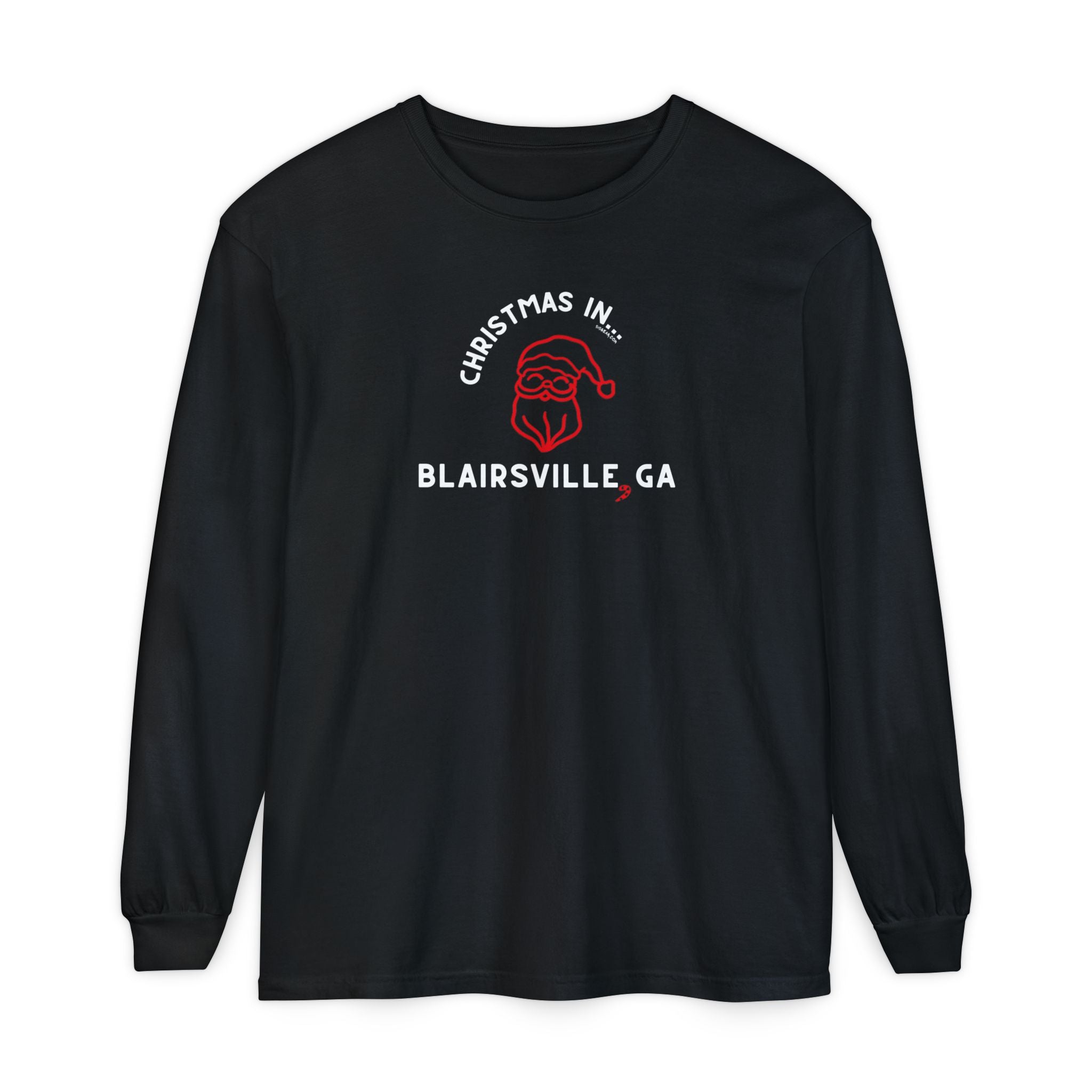 Black long-sleeve Comfort Colors t-shirt with Santa graphic and text "Christmas in Blairsville, GA"