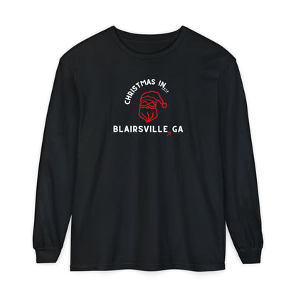 Black long-sleeve Comfort Colors t-shirt with Santa graphic and text "Christmas in Blairsville, GA"