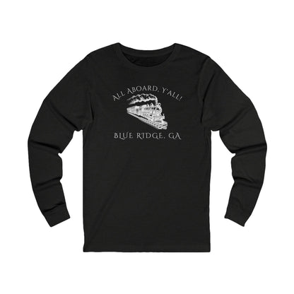 Black long-sleeve shirt with train graphic and text "All Aboard, Y'all - Blue Ridge, GA" 