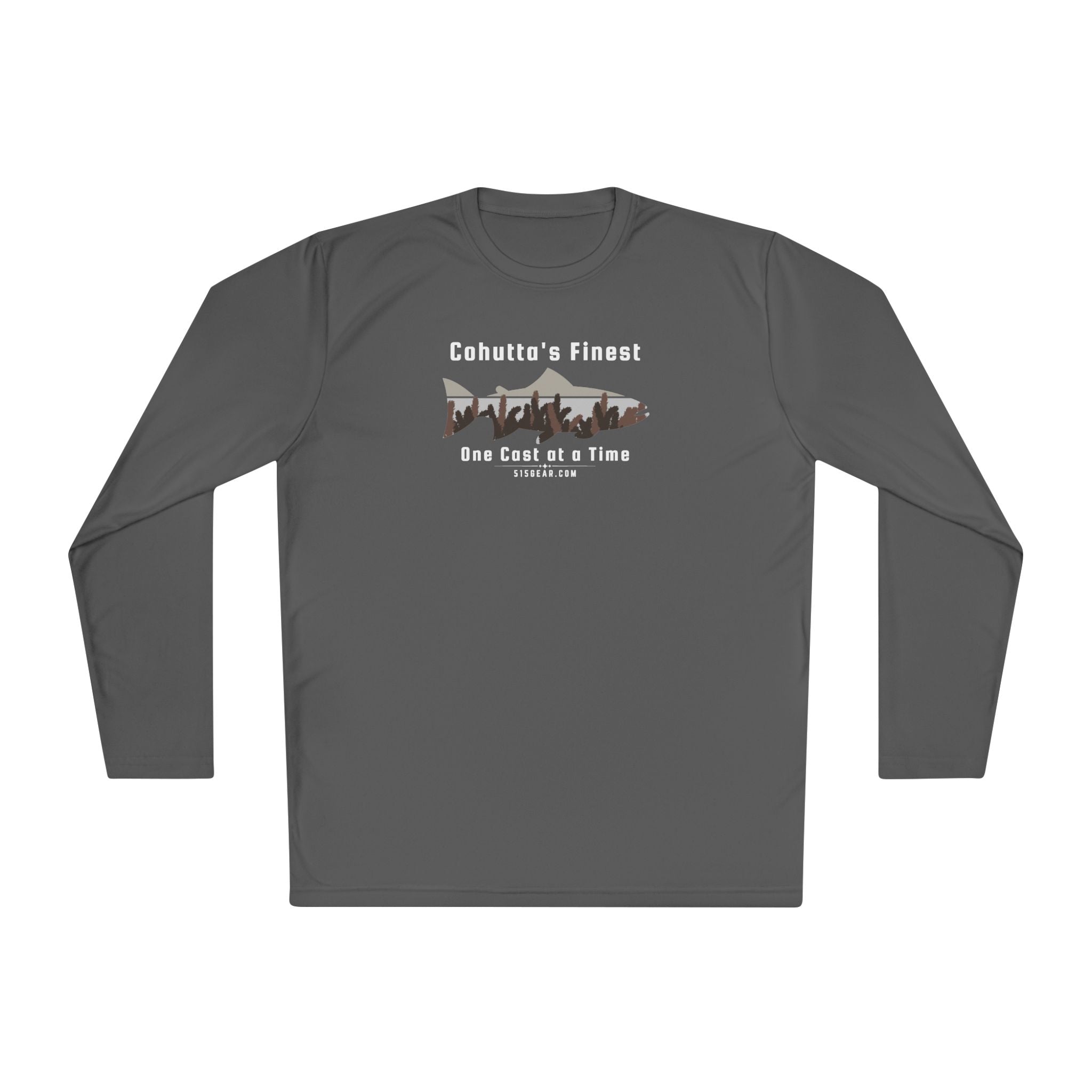Charcol long-sleeve performance moisture wicking t-shirt with fishing theme saying Cohutta's Finest One Cast at a Time by 515Gear.com