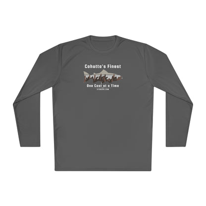 Charcol long-sleeve performance moisture wicking t-shirt with fishing theme saying Cohutta's Finest One Cast at a Time by 515Gear.com