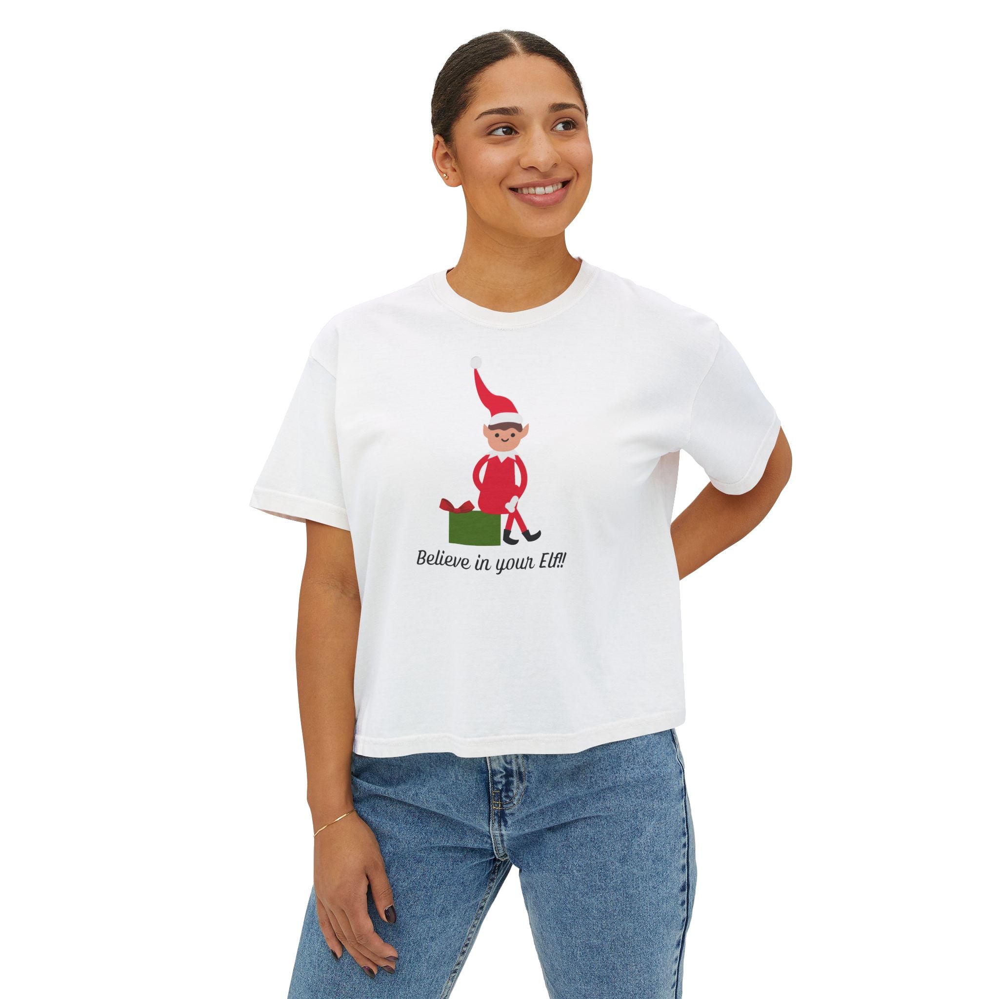 Women's, White Box T-shirt with Elf Graphic, by 515Gear.com
