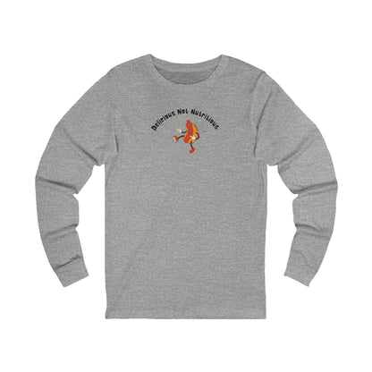 Gray long-sleeve shirt with a hotdog graphic and text "Delicious Not Nutritious"