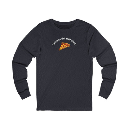 Black long-sleeve shirt with pizza graphic and text on a white background