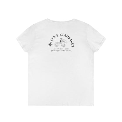 White v-neck t-shirt with Oyster shell graphic and text Miller's Clambakes on the back