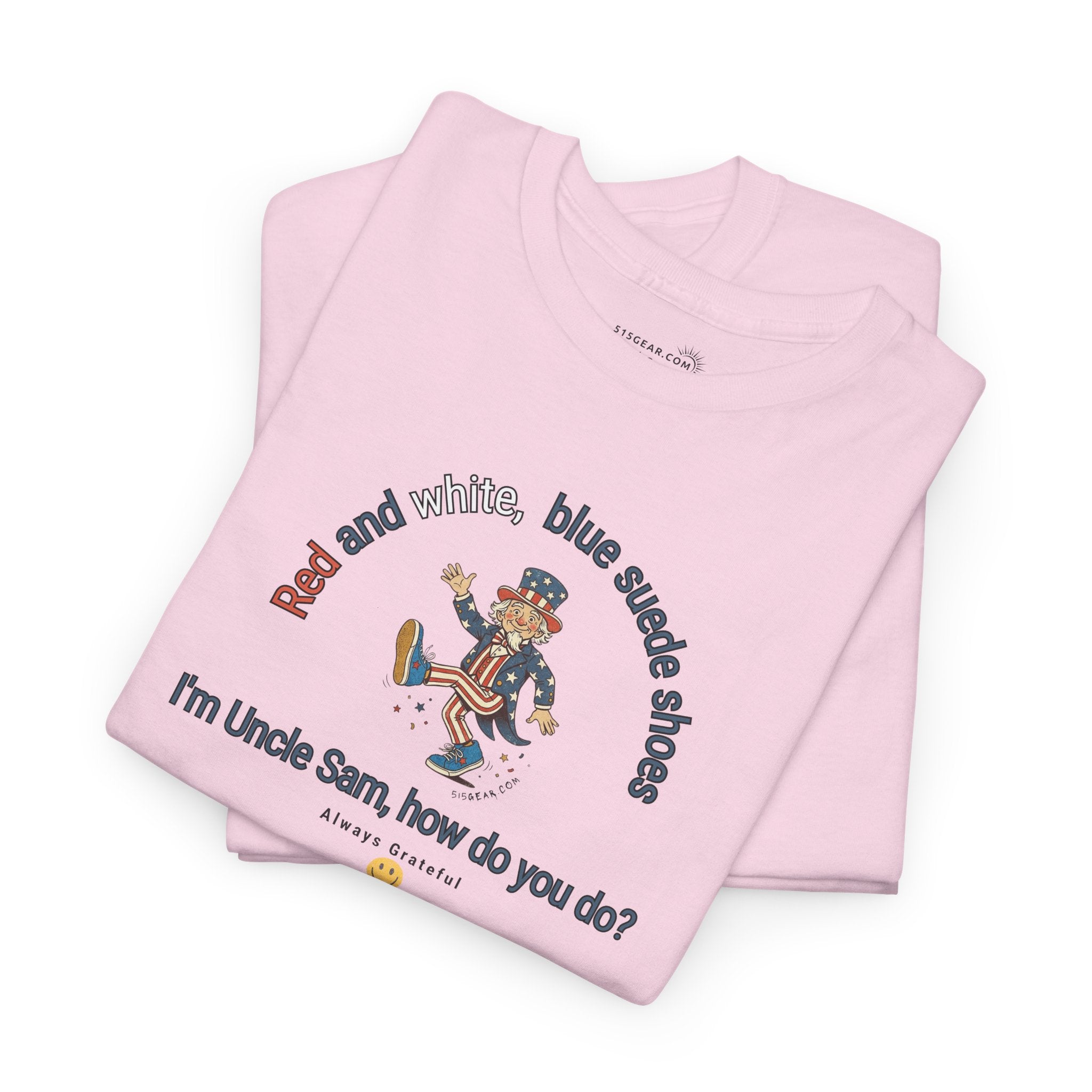 Folded pink t-shirt  with July 4th dancing Uncle Sam and text 