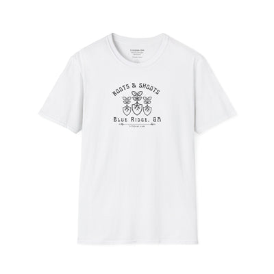 unisex adult T-shirt, Roots & Shoots, Garden shovel root leaf graphic, by 515Gear.com | Blue Ridge, GA | celebrate gardening