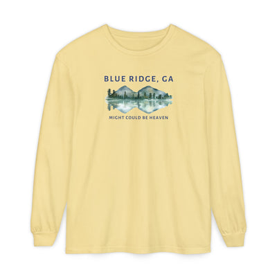 Yellow Comfort Colors long-sleeve shirt with 'Blue Ridge, GA - Might Could Be Heaven" text and Mountain & Lake graphic