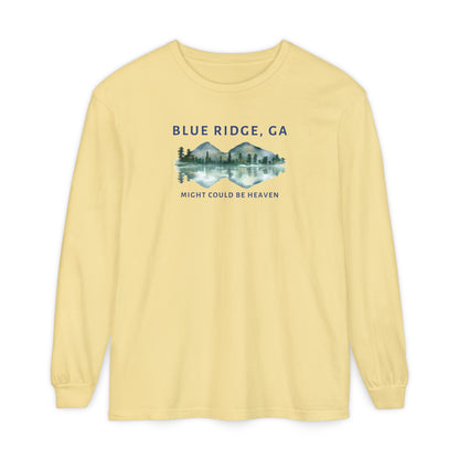 Yellow Comfort Colors long-sleeve shirt with 'Blue Ridge, GA - Might Could Be Heaven" text and Mountain & Lake graphic