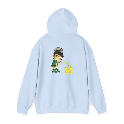 Light blue hoodie with Sparty cartoon character peeing on a block M