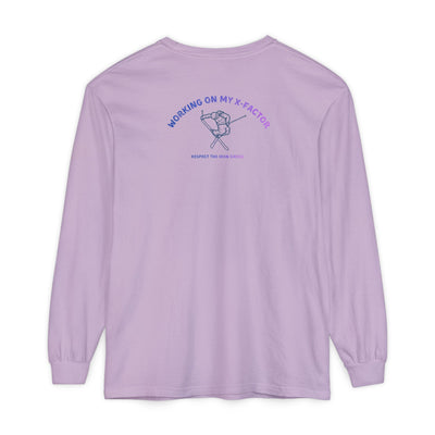 Purple long-sleeve unisex Comfort Color t-shirt with ski jump graphic and text Working on my X-Factor Respect the Iron Cross