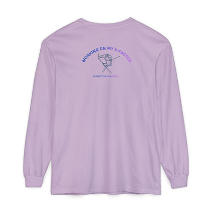 Purple long-sleeve unisex Comfort Color t-shirt with ski jump graphic and text Working on my X-Factor Respect the Iron Cross