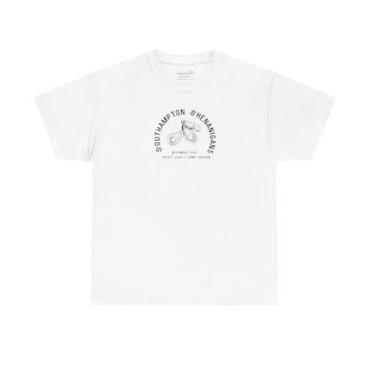 White t-shirt with Oyster graphic and text "Southampton Shenanigans November 2025 Privet Lives Camp Viggiano"