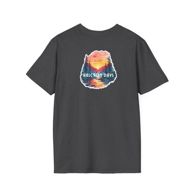 Black Gildan Softstyle t-shirt with text "Halcyon Days" and mountain river graphic