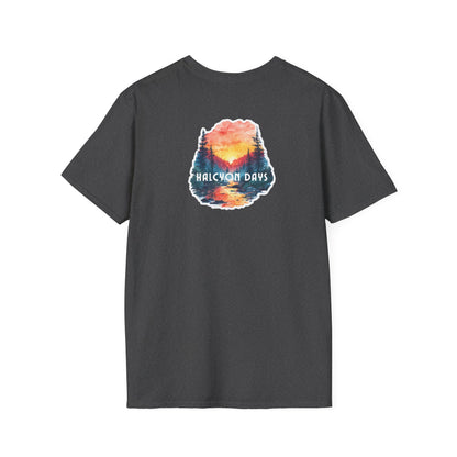 Black Gildan Softstyle t-shirt with text "Halcyon Days" and mountain river graphic