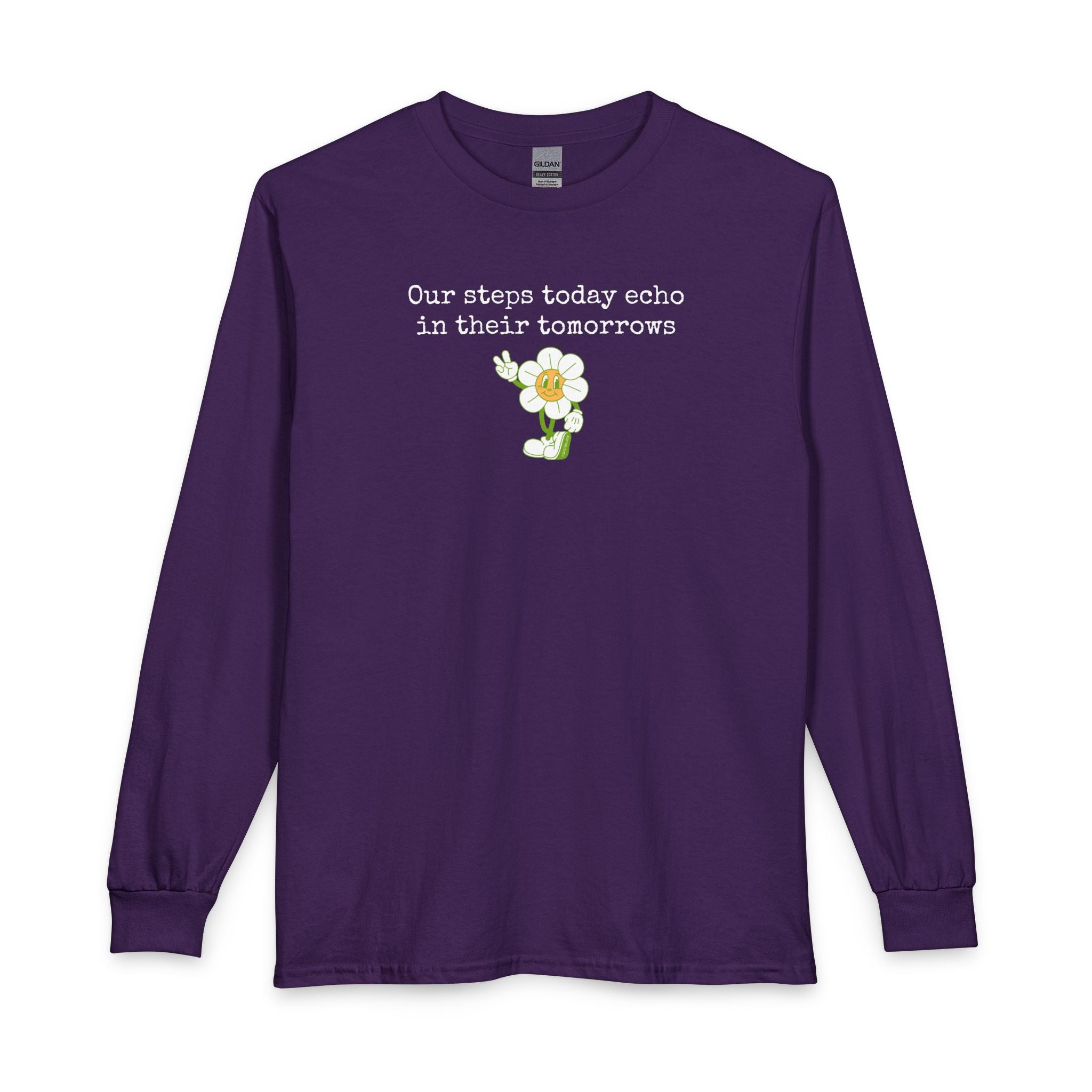 Purple long sleeve t-shirt with a sunflower design and text "our steps today echo in their tomorrows"