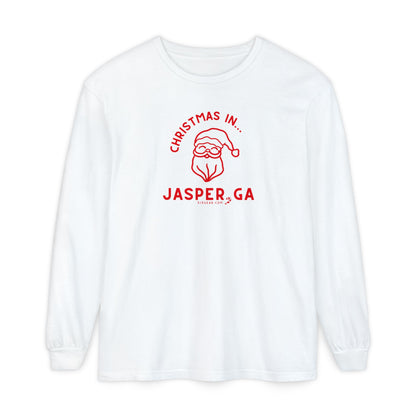 White Comfort Colors Long Sleeve Tee with red Santa Claus graphic and "Jasper, GA" text by 515Gear.com