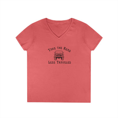 Take the Road Less Traveled, Jeep graphic, Women's V-Neck, adult T-Shirt by 515Gear.com. 