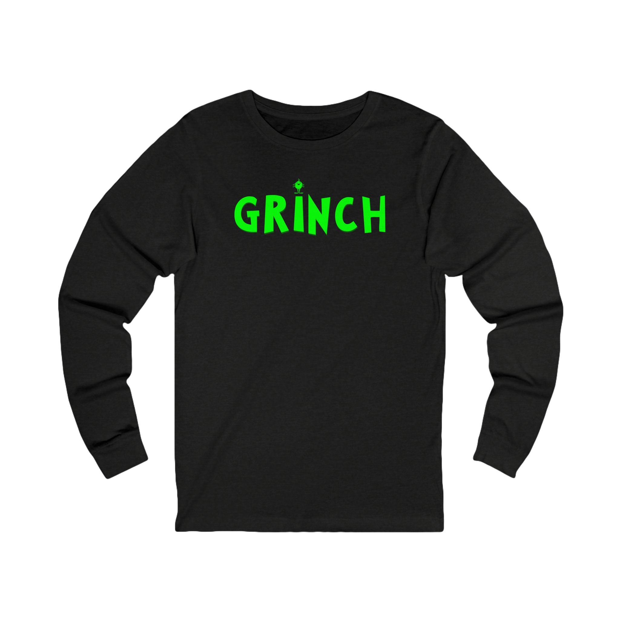 Black long-sleeve shirt with 'GRINCH' in green text on a white background
