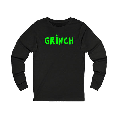 Black long-sleeve shirt with 'GRINCH' in green text on a white background