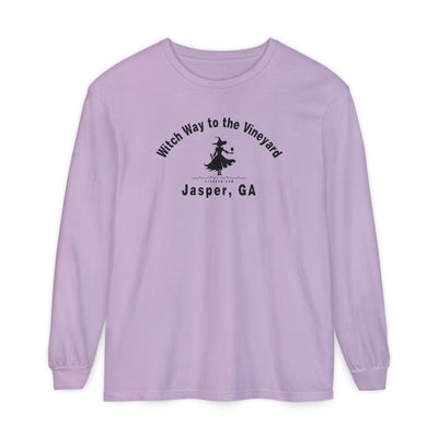 Purple long sleeve t-shirt with sassy witch graphic holding a glass of wine and text "Witch Way to the Vineyard - Jasper GA" by 515Gear.com