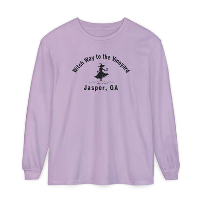 Purple long sleeve t-shirt with sassy witch graphic holding a glass of wine and text "Witch Way to the Vineyard - Jasper GA" by 515Gear.com
