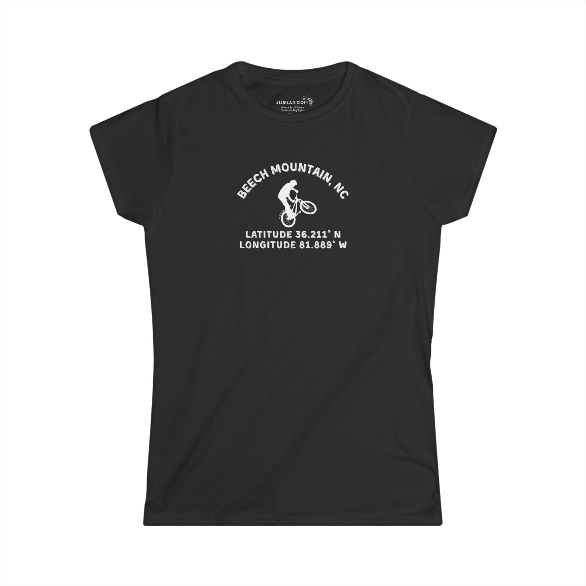 Black women's semi fitted t-shirt with mountain bike graphic and text "Beech Mountain, NC - Latitude and Longitude" coordinates