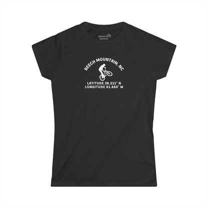 Black women's semi fitted t-shirt with mountain bike graphic and text "Beech Mountain, NC - Latitude and Longitude" coordinates
