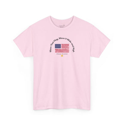 Pink t-shirt with American flag graphic and text on a white background