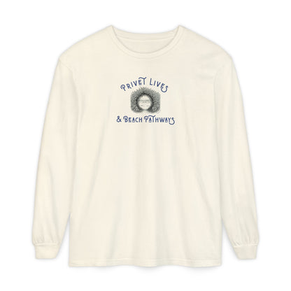 Lite yellow unisex Comfort Colors® long‑sleeve tee with beach graphic and text "Privet Lives & Beach Pathways"