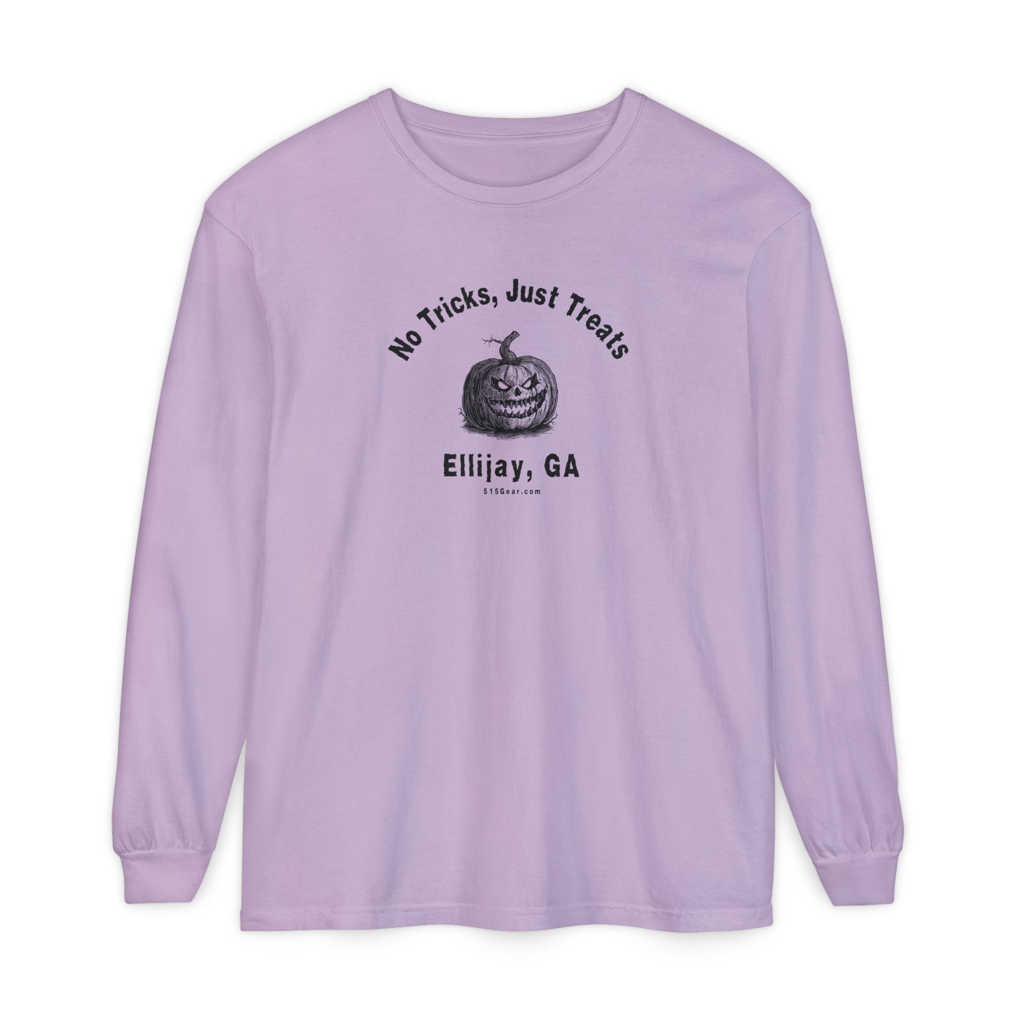 Light Purple comfort colors long sleeve tee with Halloween-themed design "No Tricks, Just Treats - Ellijay, GA" by 515Gear.com