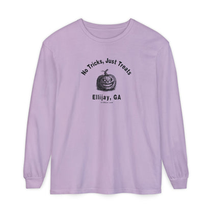 Light Purple comfort colors long sleeve tee with Halloween-themed design "No Tricks, Just Treats - Ellijay, GA" by 515Gear.com