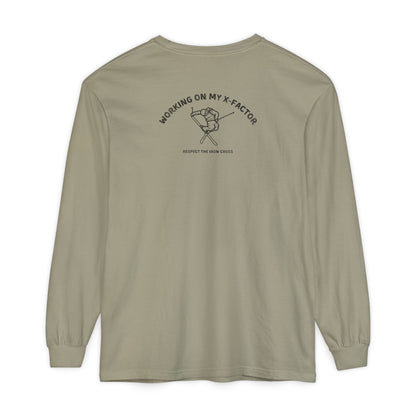 Olive long-sleeve unisex Comfort Color t-shirt with ski jump graphic and text Working on my X-Factor Respect the Iron Cross