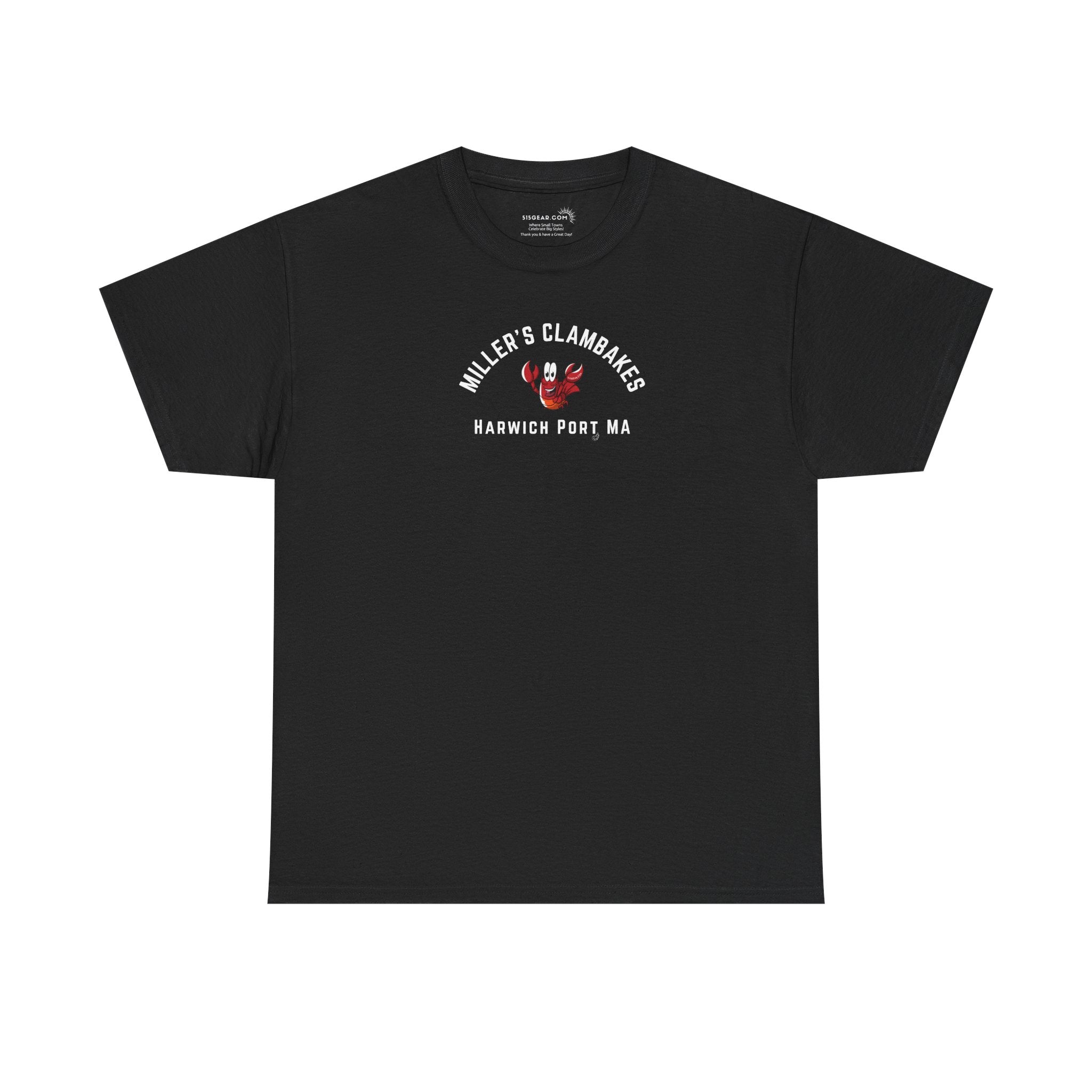 Black t-shirt with happy lobster graphic and text 'Miller's Clambakes Harwich Port, MA'  