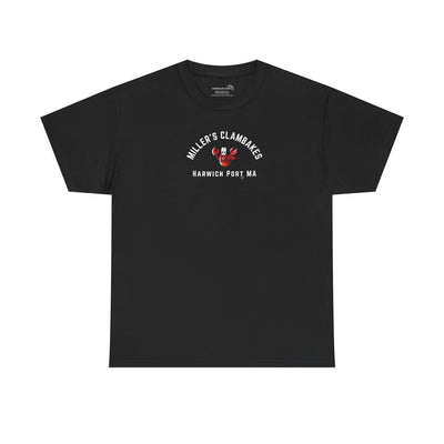 Black t-shirt with happy lobster graphic and text 'Miller's Clambakes Harwich Port, MA'  