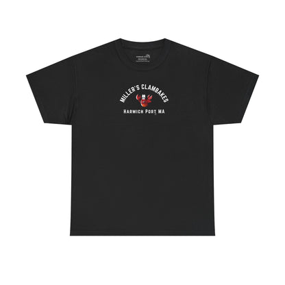 Black t-shirt with happy lobster graphic and text 'Miller's Clambakes Harwich Port, MA'  
