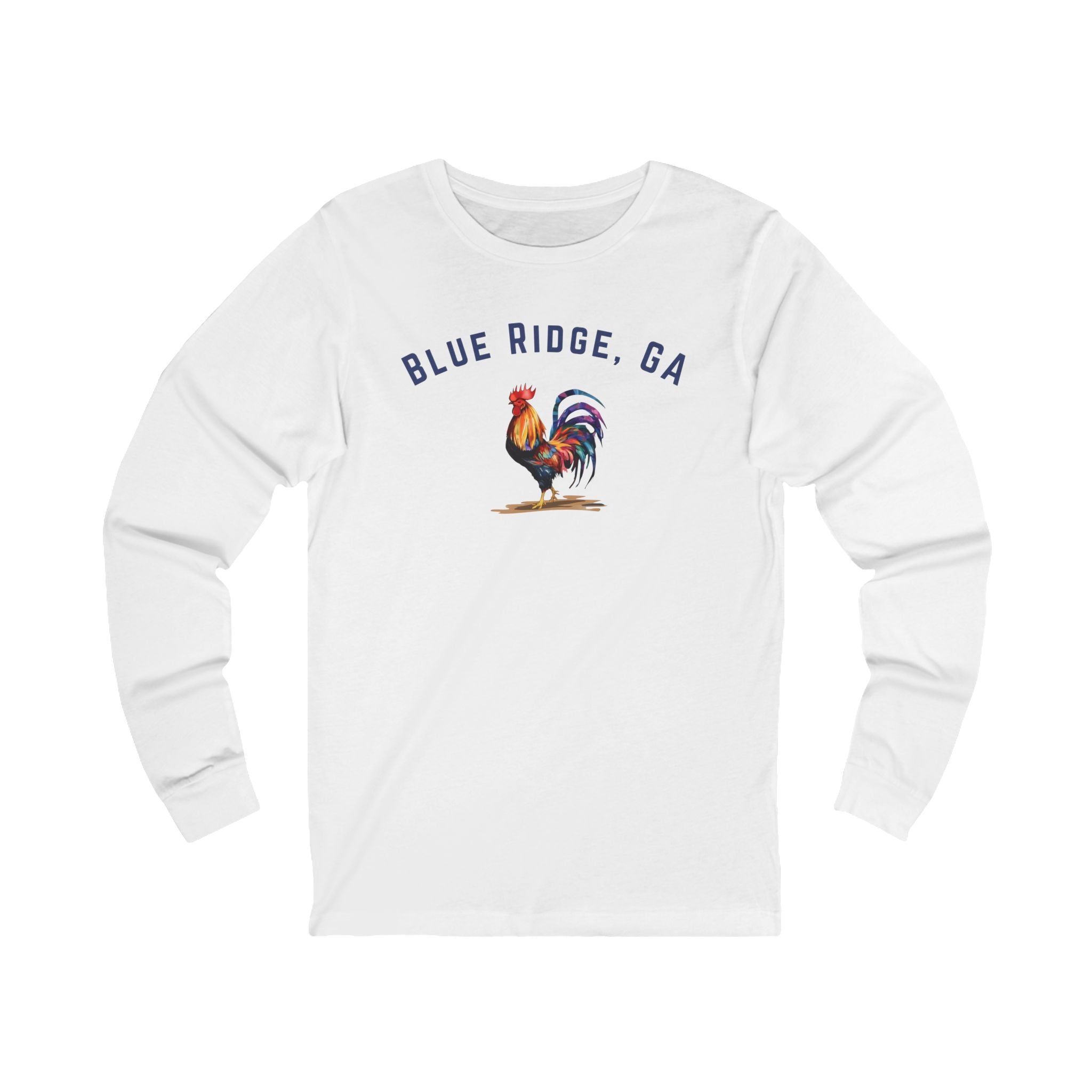 White long-sleeve shirt with a rooster graphic and 'Blue Ridge, GA' text on a white background