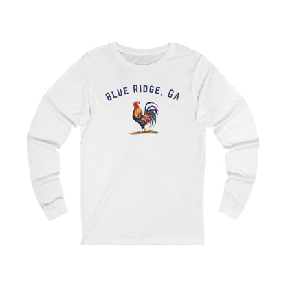 White long-sleeve shirt with a rooster graphic and 'Blue Ridge, GA' text on a white background